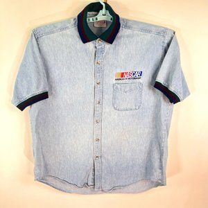 NASCAR Button Up Shirt Mens Size XL Blue Casual Denim Short Sleeve US Made